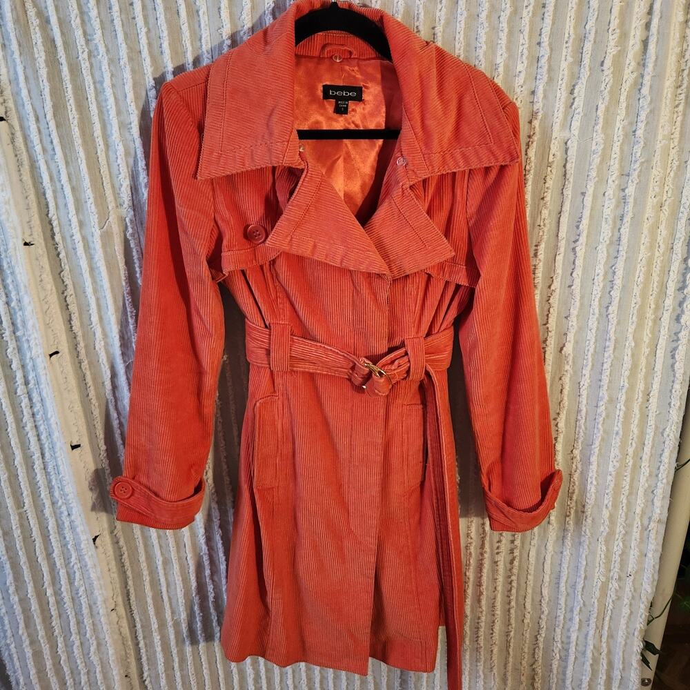 Bebe Sz Small Orange Cotton Blend Corduroy Button Up Trench Coat Spring Jacket - Picture 2 of 8